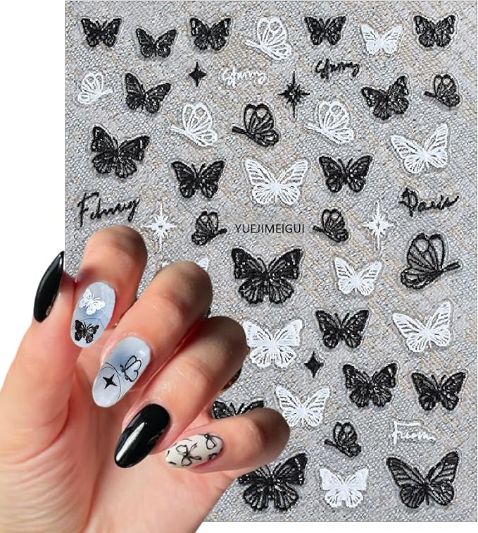 3 Sheets Hollow Butterfly Nail Art Stickers Ribbon Butterfly Nail Decals 5D Embossed Self Adhesive Black White Butterflies Nails Design Stickers for Women Manicure Decoration