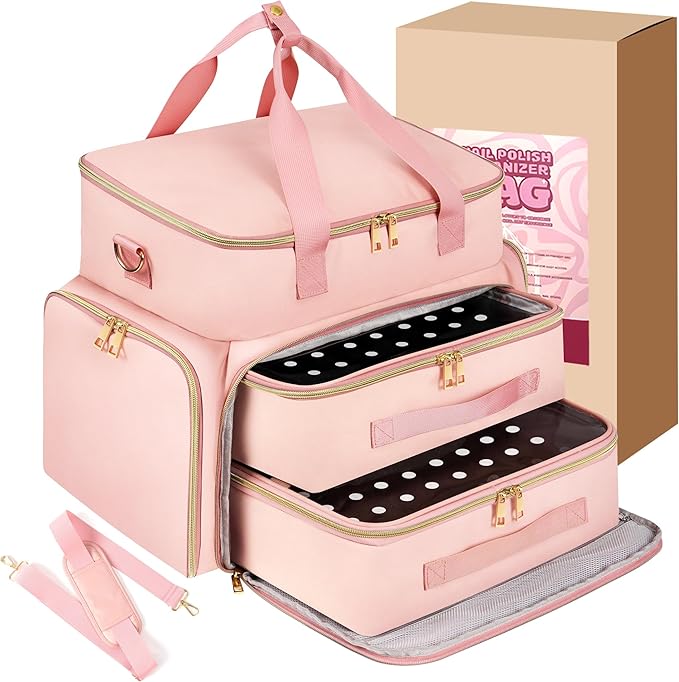 Nail Polish Organizer Case for 96 Bottles – Waterproof Travel Bag with Hard Bottom – Double Layer Nail Storage Bag with Adjustable Dividers & Nail Lamp Compartment – for Home or Salon Use