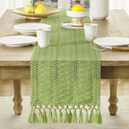 Macrame Style Boho Table Runner, 12x90 Inch Green | Woven Boho Table Runner - Image 2