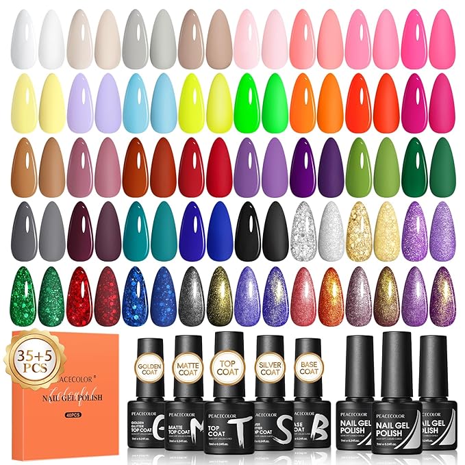 Peacecolor 40PCs Gel Nail Polish Set 35 Neon Colors Red Green Pink Yellow Gel Polish with 5Pcs Glossy/Matte/Glitter Top Base Coat Long Lasting Nail Gel Kit Gifts for Women DIY Home Salon