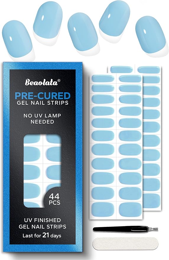 Pre Cured Gel Nail Strips - 44PCS Salon Quality Gel Nail Stickers - Long Lasting Polish Wraps for Women no UV Light Needed Easy Apply& Remove (Icy Blue)