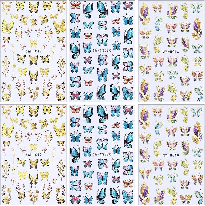 Butterfly Nail Art Stickers Gold Butterflies Nails Art Decals 3D Self-Adhesive Nails Sticker Holographic Spring Decal Decoration for Women Blue Butterfly Manicure Stickers DIY Nail Supplies
