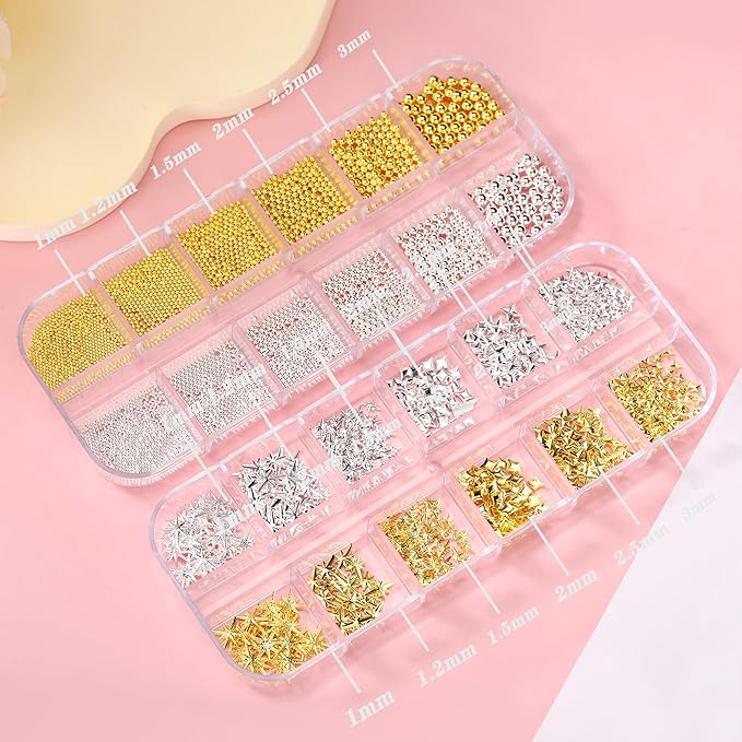 3D Star Nail Charms, Gold & Silver Multi-Shapes Metallic Nail Art Gems and Small Round Caviar Beads, Craft Jewels Nail Rhinestones Accessories Manicure Decor with Tweezers and Pick-up Pencil 4