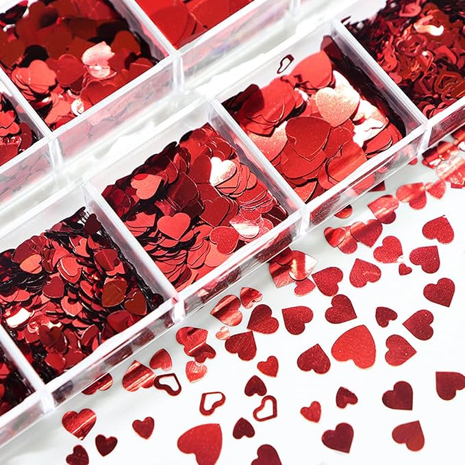 Love Heart Nail Art Glitter Sequins, 3D Laser Red Glitters Flakes Decor, Heart Nail Art Design Supplies for Women Manicure Decorations