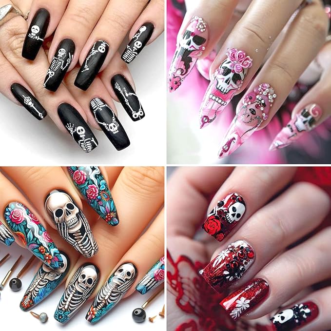 2Sheets Halloween Nail Art Stickers 5D Embossed Skull Bones Nail Decals with Cute Rose Flowers Designs Nail Stickers Self-Adhesive Skeleton Floral Nail Decal for Women DIY Manicure Decoration Supplies