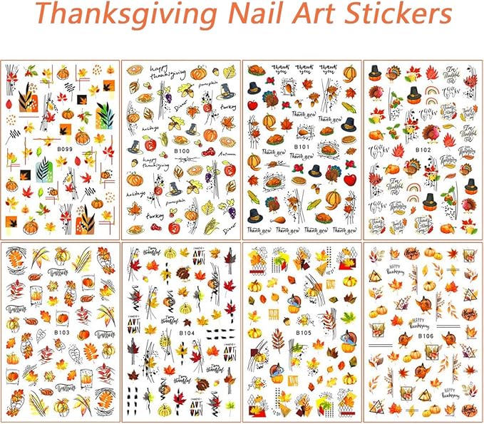 8 Sheets Thanksgiving Nail Decals 3D Self-Adhesive Autumn Pumpkins Nail Art Stickers Thanksgiving Maple Leaves Turkey Nail Art Decals Fall Maple Leaf Nail Stickers for Women Girls Nail Design Supply