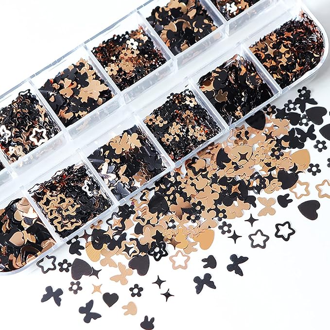 Holographic Nail Art Glitter Sequins, 3D Gold Black Glitter Flakes Nail Art Designs, Love Heart Butterfly Star Floral Acrylic Nails Supplies for Women Girls Manicure Decorations DIY Shiny Nails Crafts