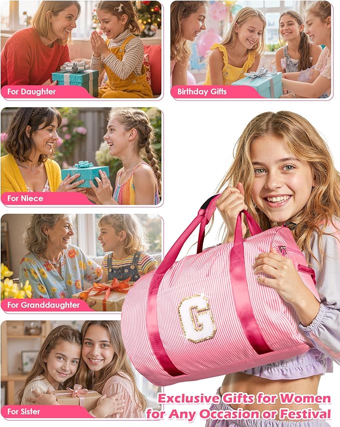 Birthday Gift for Teen, Girls Travel Duffle Bag, Kids Initial Overnight Bags with Shoe Compartment, Personalized Weekend Bag with Makeup Pouch, Girly Cute Stuff Trip Essentials (Letter J)
