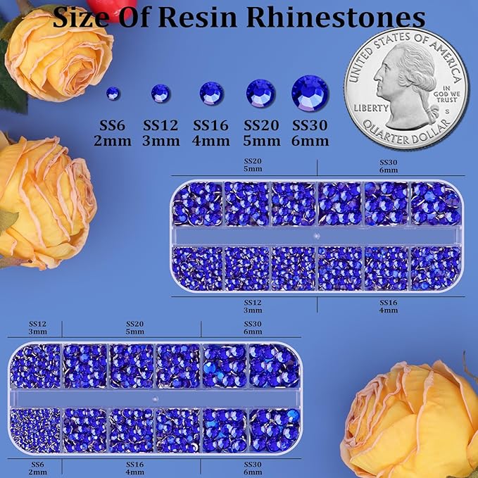 Resin Rhinestones for Crafting, 2 Boxes Royal Blue Flatback Crystals for Bedazzling Crafts DIY Nail Art Deco, Non Hotfix Bulk Gems for Tumbler Shoes Clothing Fabric Face Makeup