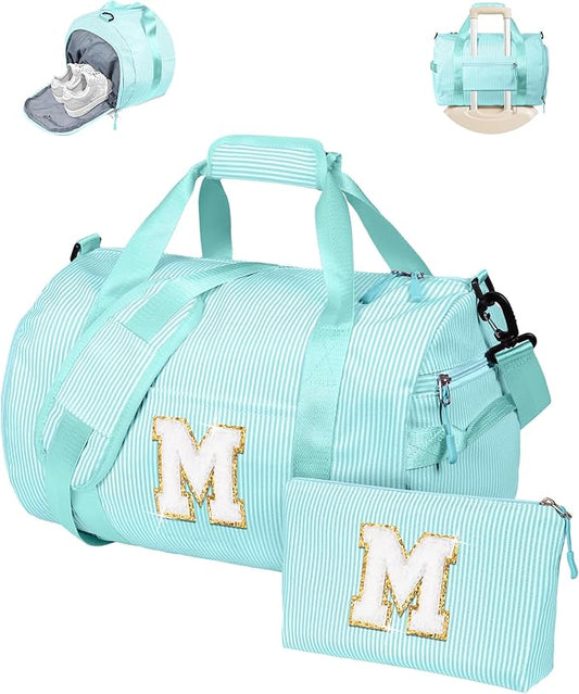 Gifts for 3 4 5 6 7 8 9 10 Year Old Girl, Girls Travel Duffle Bag, Kids Initial Overnight Bags with Shoe Compartment, Personalized Weekend Bag with Cosmetic Pouch, Birthday Gift (Letter M)