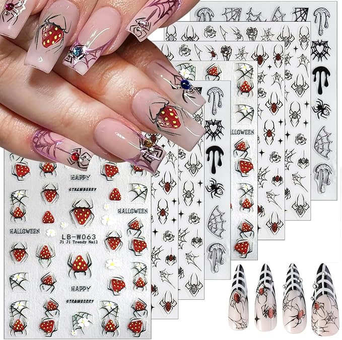 8 Sheets Strawberry Spider Halloween Nail Stickers - 3D Self-Adhesive Decals for Nail Art Design - Red, Black, Silver French Nail Art Supplies for Women