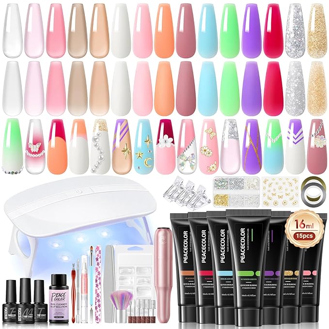 PEACECOLOR Poly Nail Gel Kit with Drill U V Light, 15 Colors Hot Pink Nude Blue Purple Nail Extension Gel with Slip Solution Nail Art Starter Kit Home Salon DIY