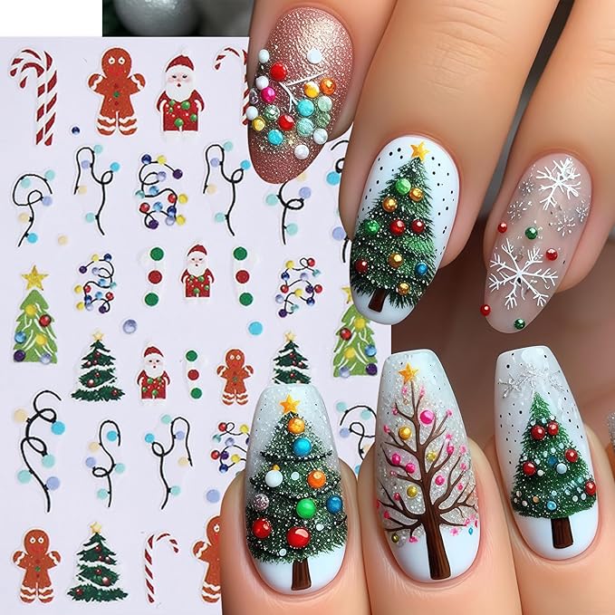 6 Sheets Christmas Nail Art Stickers Gingerbread Man Nail Stickers 3D Christmas Tree Santa Claus Nail Decals Winter Cartoon Christmas Light Design Nail Supplies for Women New Year DIY Manicure Decor
