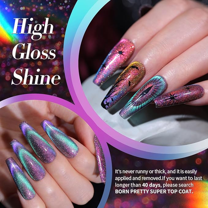 Born Pretty Cat Magnetic Gel Nail Polish 9D Chameleon Holorgraphic Cat Magnetic Eye Gel Polish Glitter Gel Polish Set 6PCS