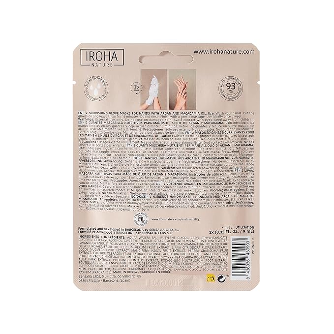 IROHA NATURE Nourishing Hand Mask Gloves | 4 Pairs | Argan & Macadamia Oil | Intense Nutrition for Dry Hands | 93% Natural Ingredients | Vegan