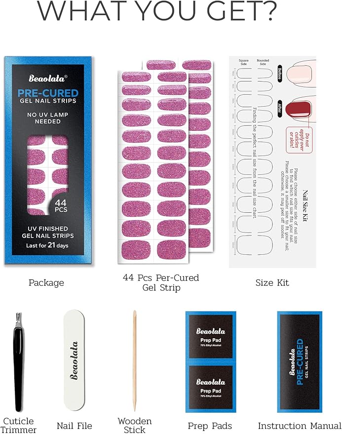 Pre Cured Gel Nail Strips - 44PCS Salon Quality Gel Nail Stickers - Long Lasting Polish Wraps for Women no UV Light Needed Easy Apply& Remove (Neon Pink)