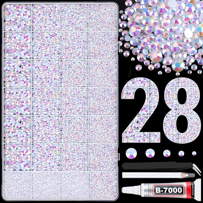 30000Pcs Resin Rhinestones for Bedazzling with Tweezers, White AB Rhinestones for Crafting with B7000 Jewelry Glue for DIY Crafts Clothing Tumblers Shoes Fabric Nail Art
