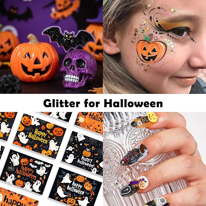Renfio Orange Purple Black Chunky Glitter,Mixed Holographic Glitter for Helloween,1.76oz/50g Iridescent Hexagon Sequin for Snowglobe Tumbler,Resin,Craft,Nail,Face,Hair,Festival Decor,Ornament