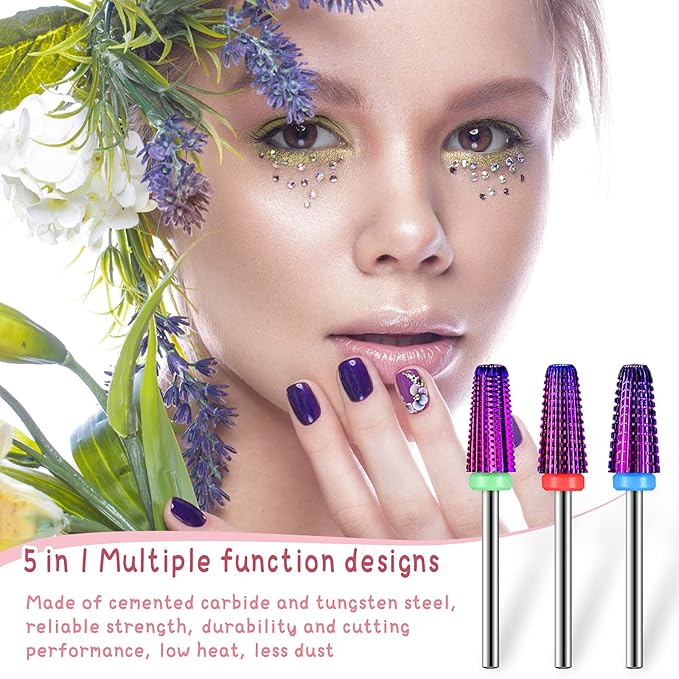 3 Pieces Nail Carbide 5 in 1 Bit, Nail Drill Bits Set-2 Way Rotate Use for both Left to Right Handed, 3/32 Inch Shank Size Drill Machine for Fast Remove Acrylic or Hard Gel (Purple)