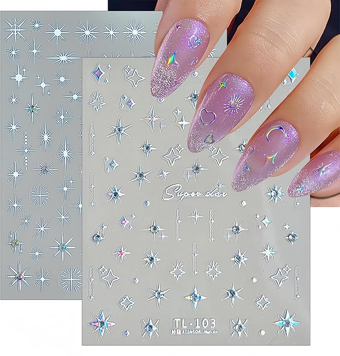 5D Self-Adhesive Glitter Diamond Stars Nail Art Stickers Sparkling Rhinestone Crystal Stars Luxury Design for Women Girls DIY Nail Decoration