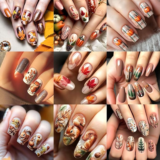 2Sheets Thanksgiving Nail Art Stickers 5D Embossed Squirrel Maple Leaf Nail Decals Self-Adhesive Turkey Pumpkin Designs Nail Sticker Fall Leaves Mushroom Nail Decal for Women DIY Manicure Decoration