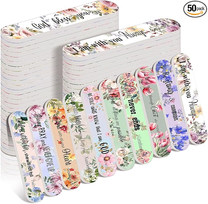 50 Pack Christian Gifts for Women Bulk Mini Bible Verse Scripture Nail Files Floral Emery Boards 10 Styles Christian Religious Appreciation Party Gifts for Team Employee Coworkers