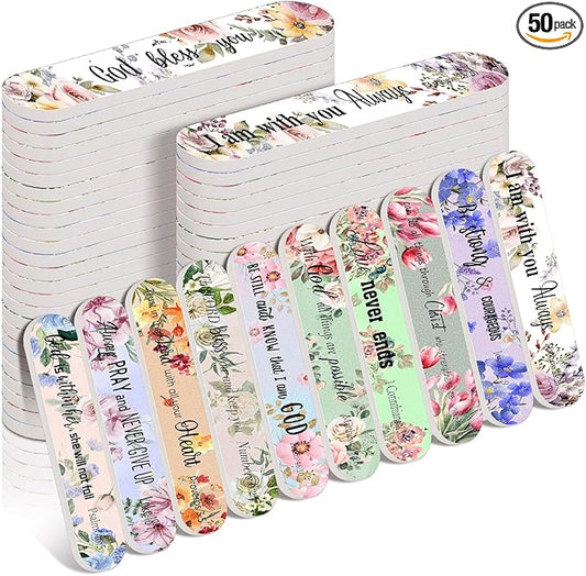 50 Pack Christian Gifts for Women Bulk Mini Bible Verse Scripture Nail Files Floral Emery Boards 10 Styles Christian Religious Appreciation Party Gifts for Team Employee Coworkers
