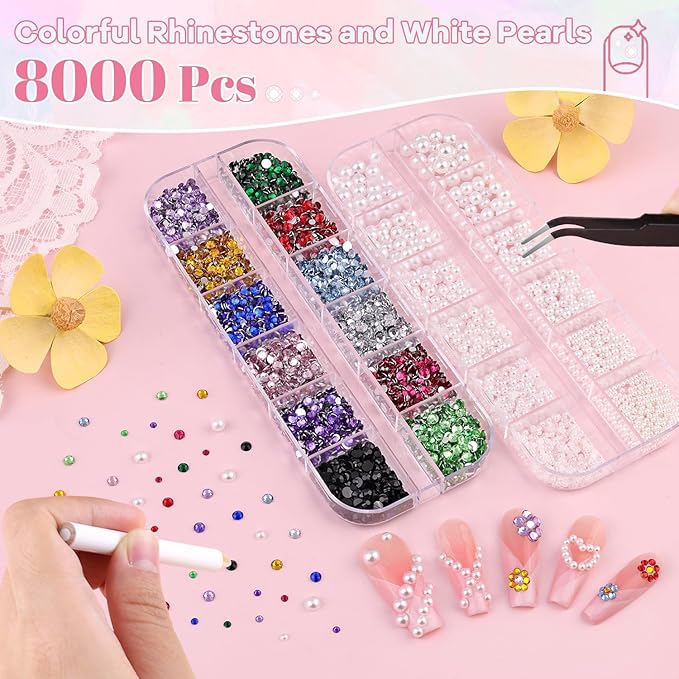 8000Pcs Nail Pearls and Colorful Rhinestones for Nail Art with Rhinestone Glue, White Pearl Nail Charms(Flatback+Round), Nail Gems and Rhinestones Crystals Charms Bedazzling Gems for Manicure Decor
