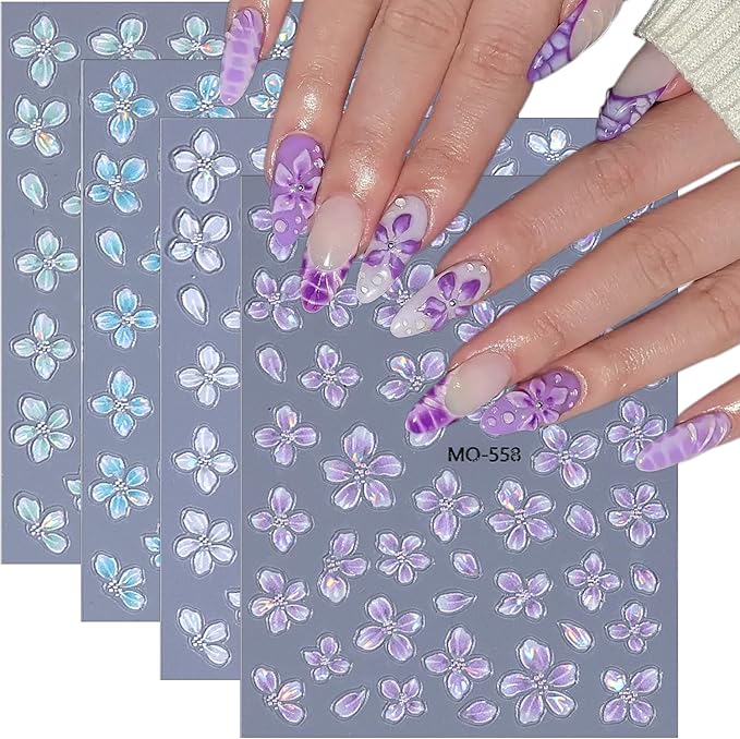 4Pcs Flower Nail Art Stickers 5D Embossed Blue White Purple Green Flower Nail Decals Holographic Spring Floral Nail Stickers Self Adhesive Summer Cute Nail Supplies Decor for Women DIY Acrylic Nails