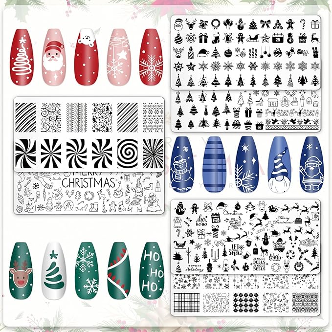 Whaline 6Pcs Christmas Nail Plates Stamping Set Xmas Tree Snowflake Snowman Stamp Templates Nail Art Plates for Winter DIY Print Manicure Salon Design Gift