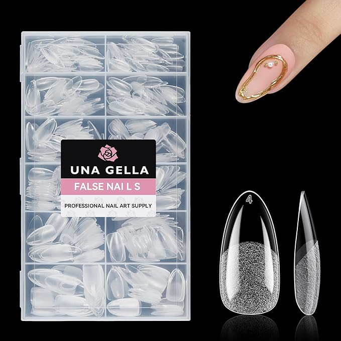 UNA GELLA Medium Almond Nail Tips, 312pcs Almond Gel Nails Tips Shape Pre Etched Full Cover Clear Fake Acrylic Pointed Press On Nails No C Curve for Nail Extension Art DIY Salon 12 Sizes