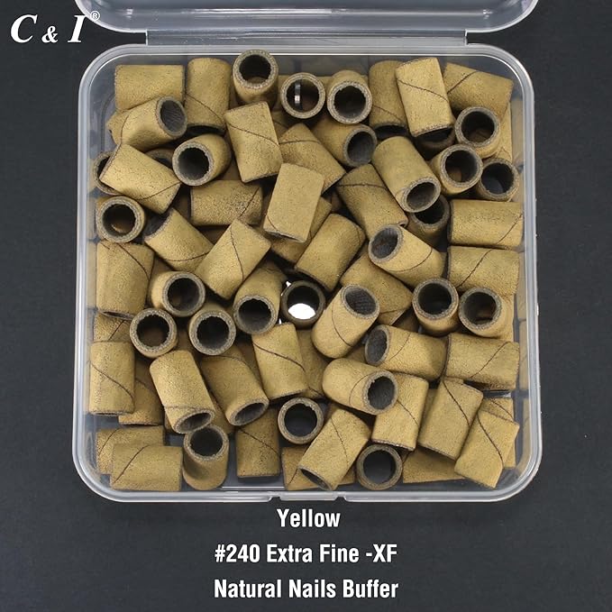 C & I Nail Sanding Bands 100 PCS Plus Upgrade Mandrel 1 PC, Nail Drill Bits for Acrylic Gel Nails Remove, Natural Nails Buffer for Nail Prep and Nail Shiner (Yellow, #240 Extra Fine)