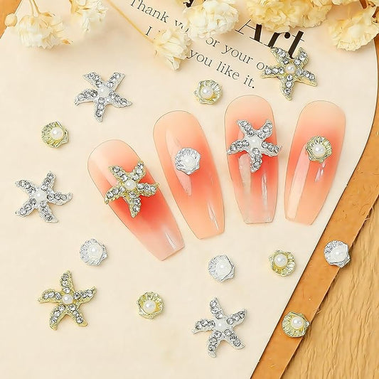 24Pcs Gold Silver 3D Mixed Color Starfish Nail Charms Alloy Summer Beach Nail Art Rhinestones Pearl Metallic Shell Nail Jewelry Ocean Theme Starfish Sea Series Nail Supplies Manicure Gems for Women