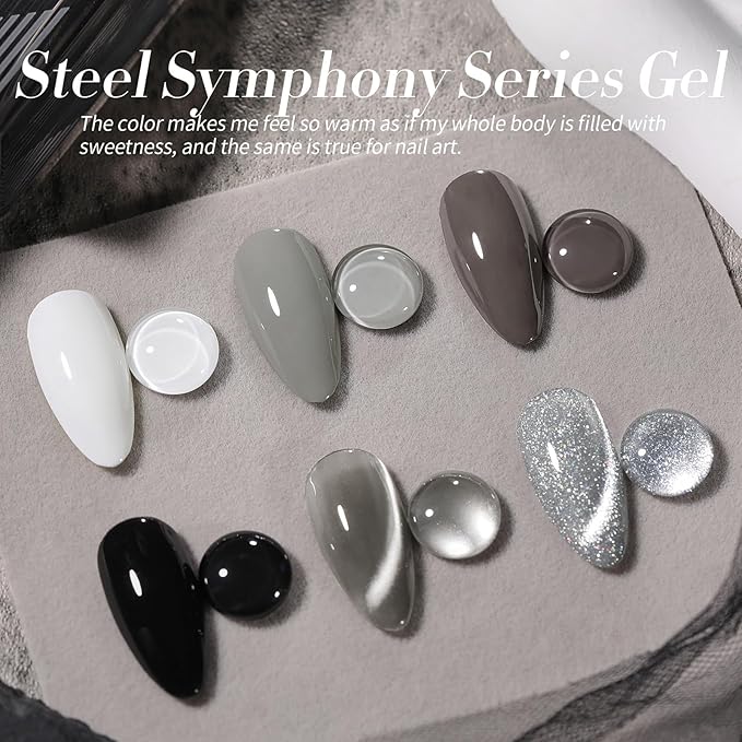 BORN PRETTY Gel Nail Polish 6 Colors - White Gray Black Colors Glitter Cat Magnetic Eye Gel Polish Kit Soak Off Nail Art Manicure DIY Design Collection for Home and Salon