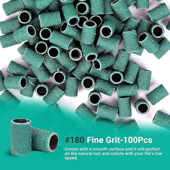 MelodySusie 100 Pcs Nail Drill Bits Sanding Bands for Nail Drill 180 Fine Grit Nail File Sanding Bands for Acrylic Nails Gel Manicures and Pedicure