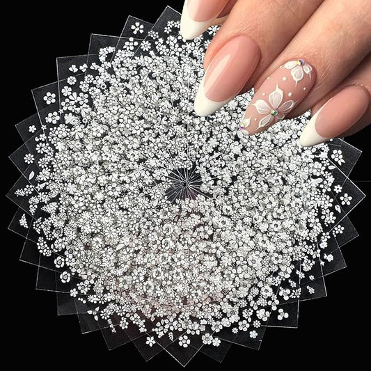30 Sheets White Flower Nail Art Stickers with Rhinestones Designs - 3D Self Adhesive Nail Decals for Women & Girls
