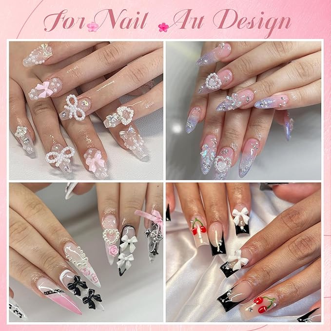 Chunky Nail Charms and Gems Set 4 with Rhinestone Glue, Girly Coquette Nail Charms + Assorted Pearl Bows Heart Star Moon + Cute 3D Flowers for Nails + Flatback Crystals & Pearls for Kawaii Nail Design