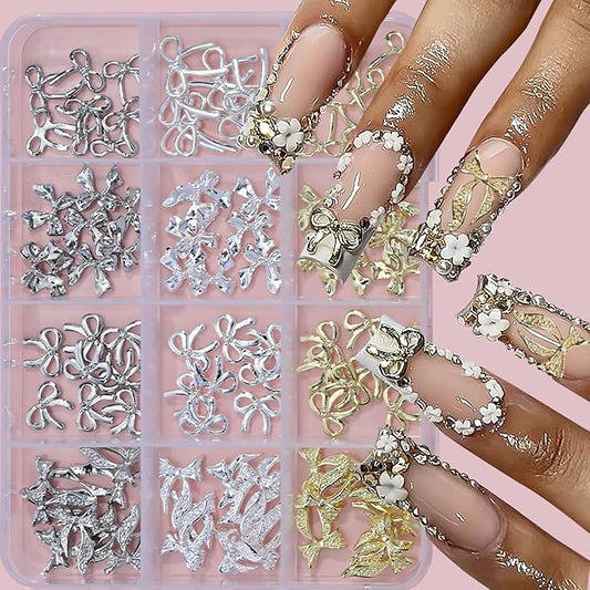 96Pcs/Box 3D Metal Bow Nail Art Charm Gold/Silver Alloy Bows Nail Charm for Nails Art 3D Alloy Bow Tie Jewelry Nail Rhinestone Kawaii Nail Crafts Decor DIY Accessories Manicure Designs Supplies