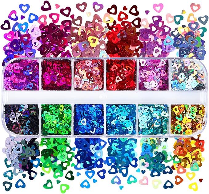 Love Heart Nail Art Glitter Sequins, 12 Colors Holographic Hollow Heart Shapes Nail Flakes Designs, 3D Laser Sparkly Big Small Hearts Nails Supplies for Women Manicure Decorations, DIY Shiny Crafts