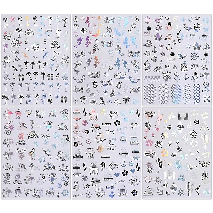 Summer Palm Tree Nail Art Stickers - Glitter Beach Mermaid Self-Adhesive Nail Decals for DIY Anchor Shell Coconut Tree Flamingo Manicure (6 Sheets)
