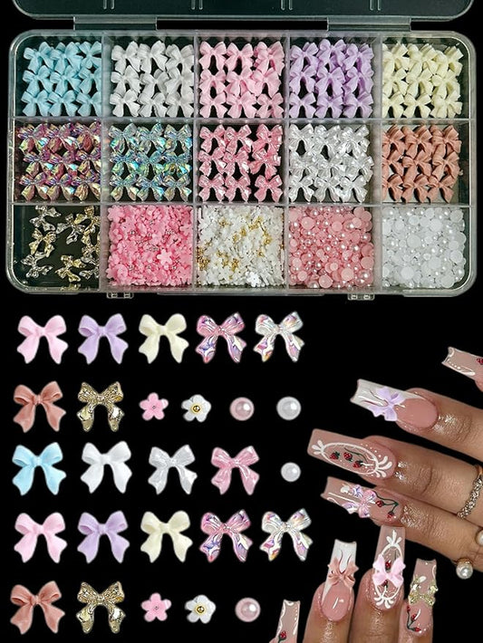 3D Bow Nail Charms Kit, Cute Pink Flowers White Flatback Pearl Charms for Nails, Gold Nail Bows Charms Nails Design for Women Manicure DIY Crafts Art Accessories