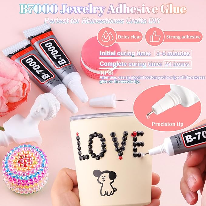 30000Pcs Resin Black Rhinestones with B7000 Jewelry Glue for Crafting, 2-6mm Non Hotfix Flatback Gems, Bedazzling Crystal for DIY Crafts Clothing Tumblers Mugs Shoes Fabric Decor Nail Art