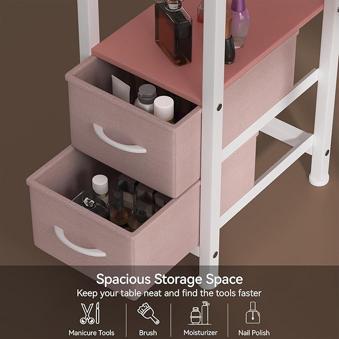 Manicure Table for Nail Tech, Nail Tech Table Station w/4 Storage Drawers & 2 Open Shelves, Nail Table w/Dust Collector for Beauty Salon Tech Station (Pink)