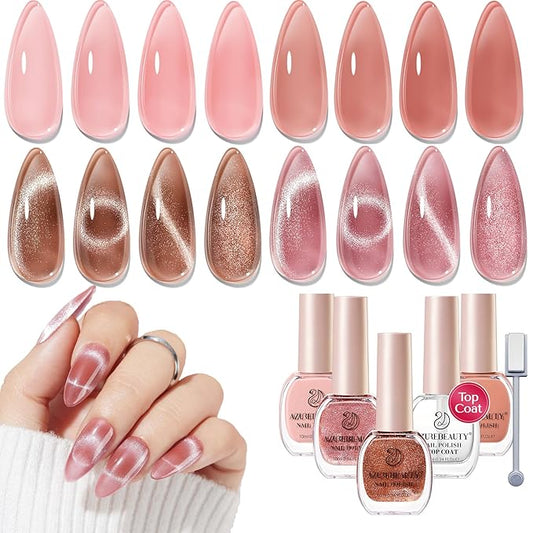 AZUREBEAUTY Cat Eye Nail Polish Set, 4 Colors Magnetic Nude Jelly Glitter Quick Air Dry Non Gel Natural Fingernail Lacquer Strengthening Treatment Kit with Top Coat DIY Salon at Home