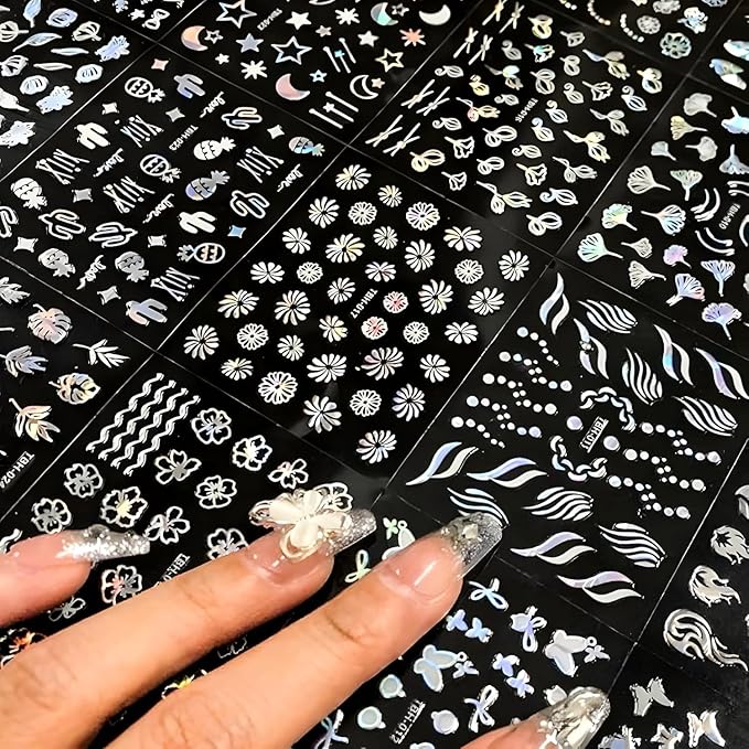 30 Sheets Aurora Flower Nail Art Stickers 3D Self Adhesive Flower Nail Stickers Aurora Moon Star Nail Decals Leaf Heart Nails Art Supplies Charms for Women Manicure Tips Decoration