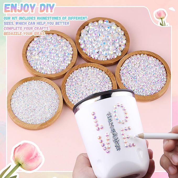 30000Pcs Resin Rhinestones for Bedazzling with B7000 Jewelry Glue, White AB Flatback Gems Rhinestones for Crafting, Clothing Tumblers Mugs Shoes Fabric Decor Nail Art