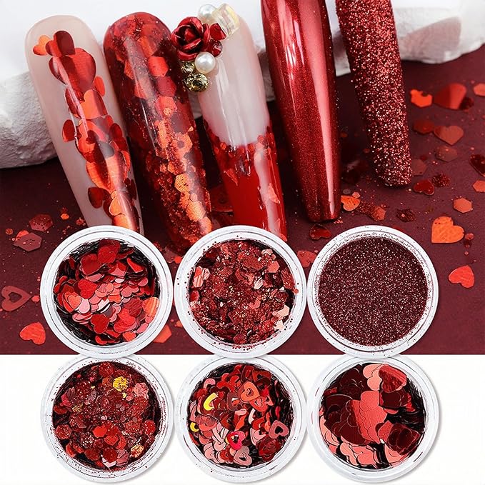 Heart Nail Art Glitter Red Valentines Day Nail Sequins Flakes, Red Manicure fine Glitter Powder, 3D Holographic Round Hexagon Nail Stickers Decals Supplies Nail Charms for Women 6 Box