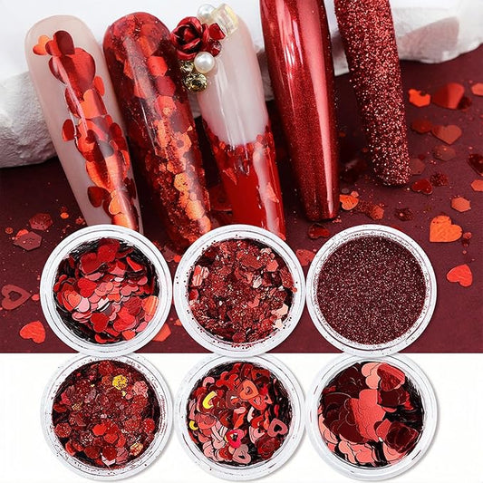 Heart Nail Art Glitter Red Valentines Day Nail Sequins Flakes, Red Manicure fine Glitter Powder, 3D Holographic Round Hexagon Nail Stickers Decals Supplies Nail Charms for Women 6 Box