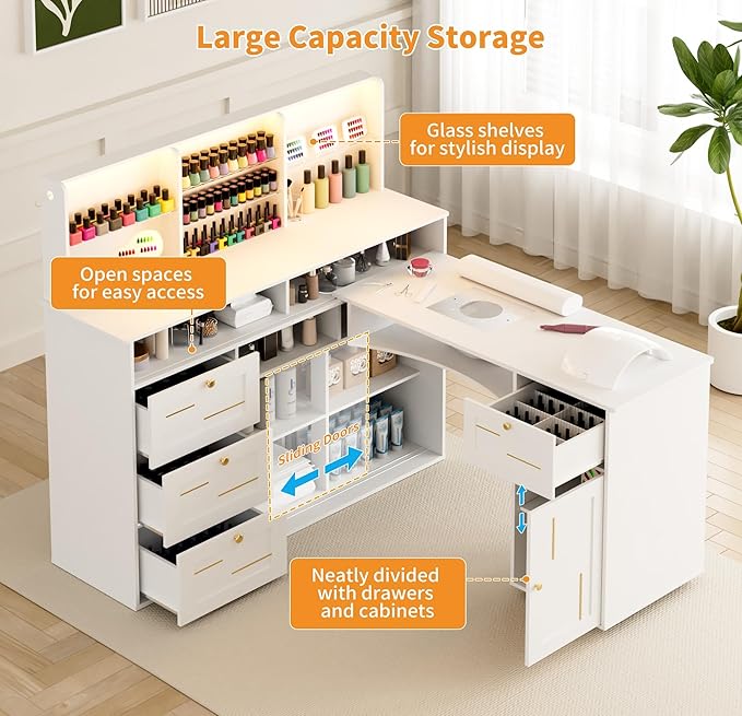 Manicure Table with Dust Collector, L-Shaped Nail Desk with Mobile Desktop, LED Light, Glass Display Rack, Storage Cabinets and Drawers for Home Spa Beauty Salon Nail Station, White