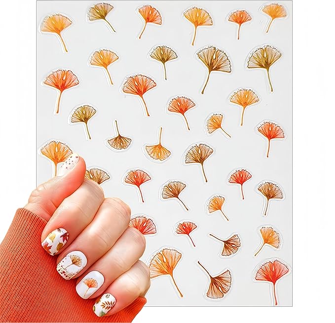8 Sheets Autumn Maple Leaf Nail Stickers, Thanksgiving Pumpkin Nail Stickers 3D Self-Adhesive Maple Leaf Nail Decals Autumn Glitter Ginkgo Leaf Nail Decals for Women Nail Designs